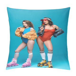Personality  Full Length View Of Two Stylish Girls In Roller Skates With Watermelon Lollipop On Blue Pillow Covers