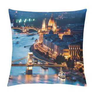 Personality  Panoramic Sunset View Of Budapest From Gellert Hill. Danube River, Chain Bridge, Parliament Building, Buda And Pest Views. Budapest, Hungary Pillow Covers