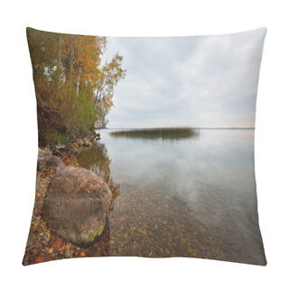 Personality  Panoramic View Of The Razna Lake At Sunset, Forest In The Background. Golden Trees Close-up. Symmetry Reflections On The Water, Natural Mirror. Idyllic Autumn Landscape. Nature Of Latgale, Latvia Pillow Covers