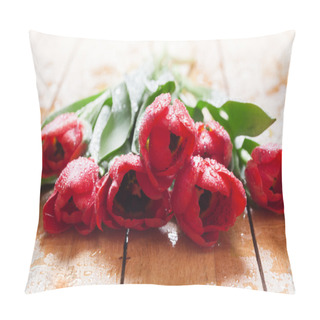 Personality  Fresh Red Tulip Flowers Bouquet On Wood Pillow Covers