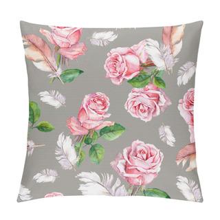 Personality  Repeating Floral Vintage Pattern With Pink Rose Flowers And Feathers Pillow Covers