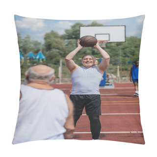 Personality  Selective Focus Of Old Multiethnic Friends Playing Basketball On Summer Day Pillow Covers