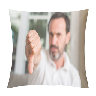 Personality  Handsome Middle Age Man With Angry Face, Negative Sign Showing Dislike With Thumbs Down, Rejection Concept Pillow Covers