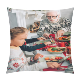 Personality  Selective Focus Of Senior Man Sitting Near Children, Sitting Near Fireside Pillow Covers