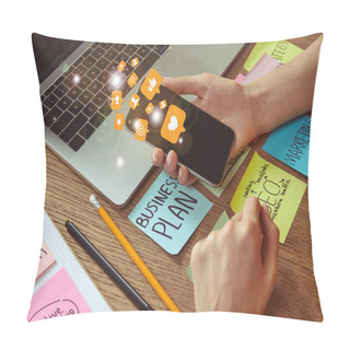 Personality  Cropped Image Of Woman Holding Smartphone With Multimedia Icons At Table With Business Plan Sticker Pillow Covers