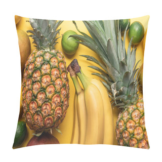 Personality  Top View Of Whole Ripe Bananas, Pineapple, Citrus Fruits And Mango On Yellow Background Pillow Covers