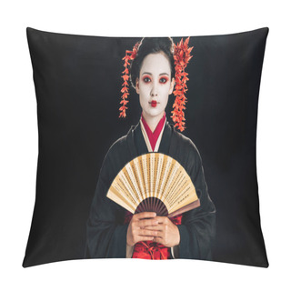 Personality  Geisha In Black Kimono With Red Flowers In Hair Holding Traditional Asian Hand Fan Isolated On Black Pillow Covers