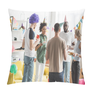 Personality  Multiracial Friends Celebrating Birthday With Drinks In Decorated Room Pillow Covers