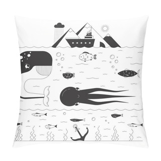 Personality  Deep Sea Life Black And White 2D Illustration Concept. Underwater Marine Fishes Habitats Cartoon Outline Characters Isolated On White. Exotic Wildlife Ecosystem Of Ocean Metaphor Monochrome Vector Art Pillow Covers