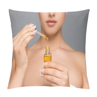 Personality  Cropped View Of Woman Holding Bottle With Serum Isolated On Grey Pillow Covers