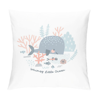 Personality  Whale And Fish On Seabed Vector Illustration Pillow Covers