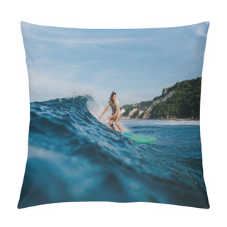 Personality  Side View Of Man In Wet T-shirt Riding Blue Ocean Waves On Surfboard Pillow Covers