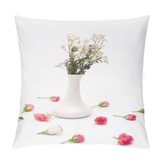 Personality  Pink Tea Roses Near Vase With Flowers On White Pillow Covers