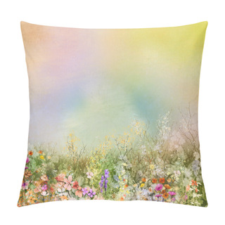 Personality  Abstract Oil Painting Flowers Plant. Purple Cosmos, White Daisy, Cornflower, Wildflower, Dandelion Flower In Fields. Pillow Covers
