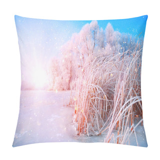 Personality  Beautiful Winter Landscape Scene Background With Snow Covered Tr Pillow Covers