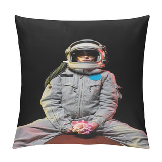 Personality  Female Astronaut In Spacesuit And Helmet Sitting On Planet With Flower In Cosmos Pillow Covers
