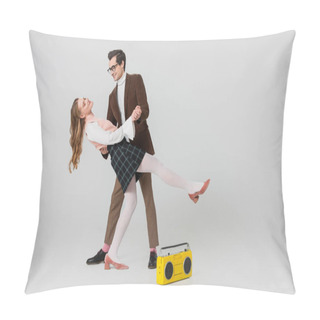 Personality  Young Couple In Retro Style Clothes Dancing Near Vintage Tape Recorder On Grey Pillow Covers