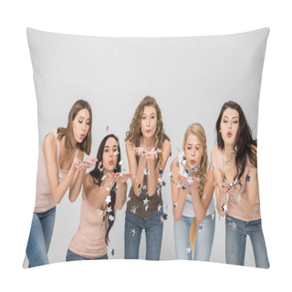 Personality  Cheerful Girls Blowing On Confetti Stars Isolated On Grey Pillow Covers