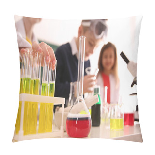 Personality  Smart Pupils Making Experiment In Chemistry Class, Focus On Flas Pillow Covers