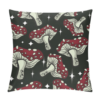 Personality  Seamless Pattern In The Shape Of A Mushroom. Different Fly Agarics. A Pattern Of Fly Agarics. A Set Of Ingredients For A Witch's Potion. Cartoon Style. Design For Textiles. Pillow Covers