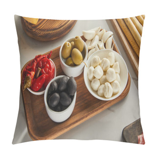Personality  High Angle View Of Boards With Breadsticks, Garlic And Bowls With Olives, Mozzarella And Marinated Chili Peppers On White Pillow Covers
