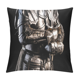 Personality  Cropped View Of Knight In Armor Holding Sword Isolated On Black  Pillow Covers