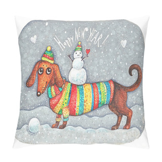 Personality  Dachshund In A Suit With A Snowman - New Year Pillow Covers