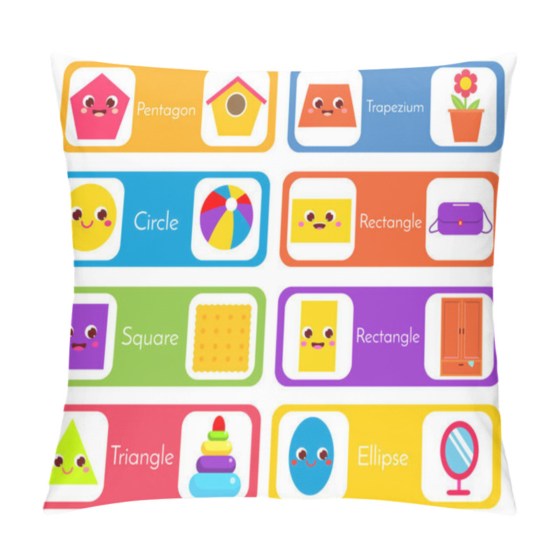 Personality  learning geometric shapes for kids. Set of flashcards wtih forms and objects. Educational material for children, kids, toddlers. pillow covers