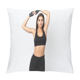 Personality  Young Sport Woman Isolated On White Background Stretching Pillow Covers