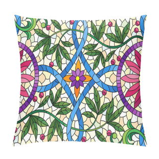 Personality  Illustration In Stained Glass Style With Abstract Flowers, Leaves And Curls On A Yellow Background, Rectangular Horizontal Image Pillow Covers