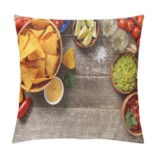 Personality  Top View Of Mexican Nachos Served With Guacamole, Cheese Sauce And Salsa On Weathered Wooden Table Pillow Covers