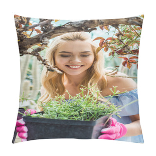 Personality  Beautiful Smiling Young Woman In Pink Rubber Gloves Holding Pot With Green Plants  Pillow Covers