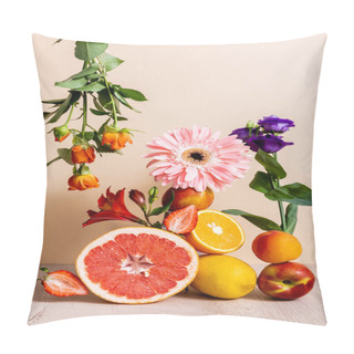 Personality  Floral And Fruit Composition With Roses, Eustoma, Gerbera, Alstroemeria, Citrus Fruits, Strawberries And Peaches On Beige Background Pillow Covers