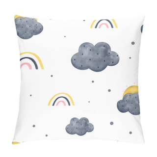 Personality  Cute Seamless Pattern With Sun, Clouds And Rainbows In Watercolor Isolated On White Background. Hand Drawn Scandinavian Style Vector Illustration. Pillow Covers