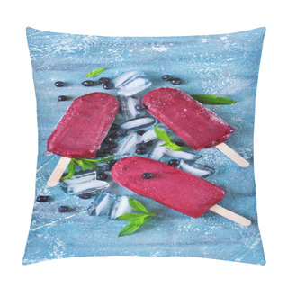 Personality  Blueberry Ice Cream On A Stick With A Blackberry. Cold Berries Sorbet With Ice. Pillow Covers