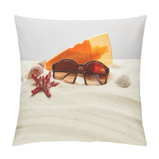 Personality  Brown Stylish Sunglasses On Sand With Red Starfish, Seashells And Sunscreen In Orange Bottle On Grey Background Pillow Covers