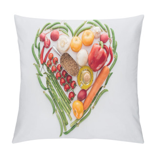 Personality  Top View Of Heart Made Of Green Peas, Asparagus And Ripe Vegetables With Spices Isolated On White  Pillow Covers