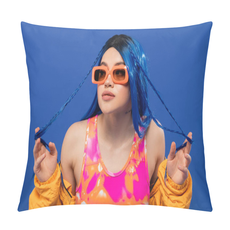 Personality  Fashion Statement, Young Female Model With Blue Hair Touching Braids And Trendy Sunglasses Isolated On Blue Background, Generation Z, Rebel Style, Colorful Clothes, Individualism, Modern Woman  Pillow Covers