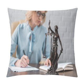 Personality  Close-up View Of Lady Justice Statue And Female Judge Working Behind Pillow Covers