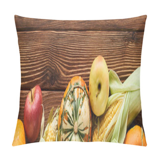 Personality  Panoramic Shot Of Fresh Apples, Pumpkins And Sweet Corn On Wooden Surface  Pillow Covers