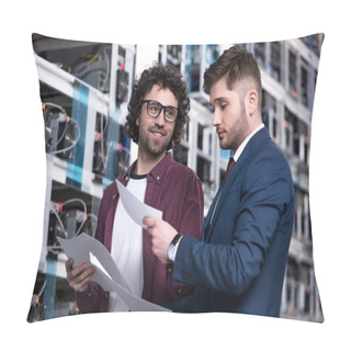 Personality  Successful Businessman And Computer Engineer Working Together At Ethereum Mining Farm Pillow Covers