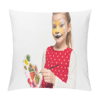 Personality  Cute Child With Tiger Muzzle Painting On Face Holding Palette And Paintbrush While Looking At Camera Isolated On White Pillow Covers