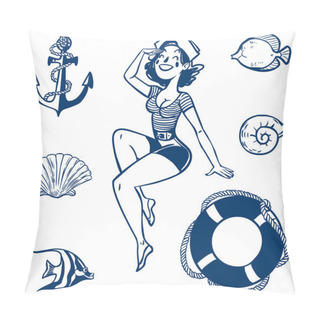 Personality Vector Sea Icon Set. Set Of Nautical Design Elements Pillow Covers