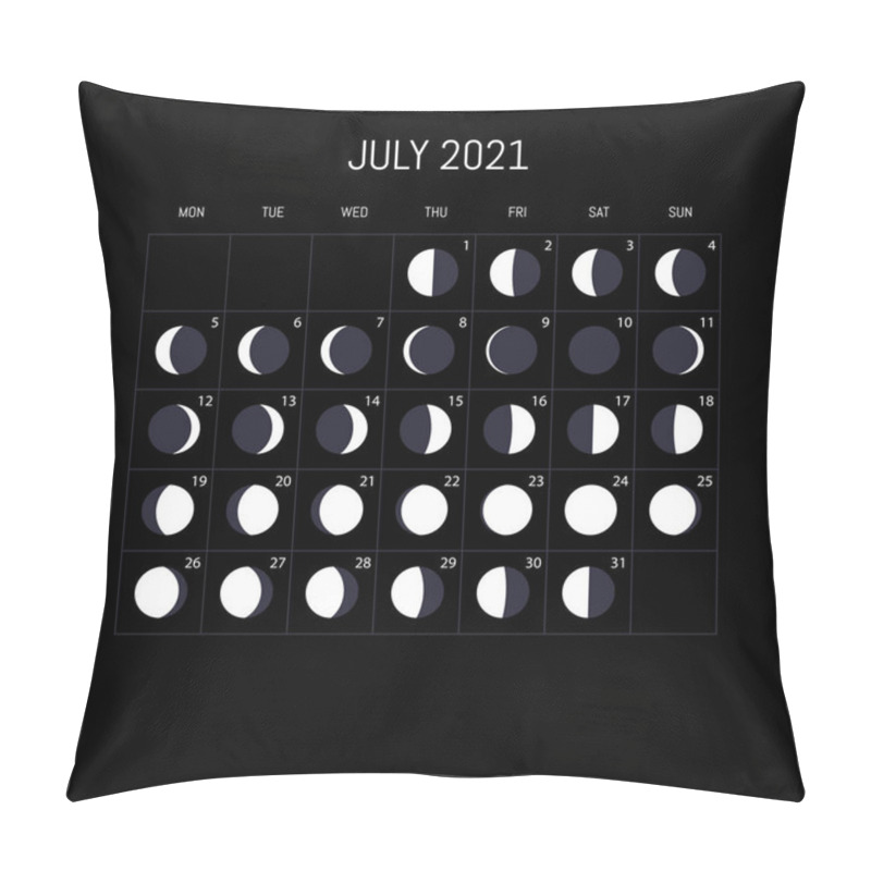 Personality  Moon phases calendar for 2021 year. July. Night background design. Vector illustration pillow covers