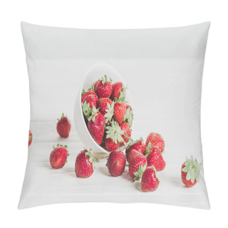 Personality Close-up Shot Of Strawberries Spilled From Bowl On White Surface Pillow Covers