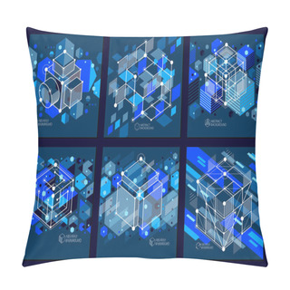 Personality  Lines And Shapes Abstract Vector Isometric 3D Blue Black Backgrounds Set. Abstract Scheme Of Engine Or Engineering Mechanism. Layout Of Cubes, Hexagons, Squares, Rectangles And Different Elements. Pillow Covers