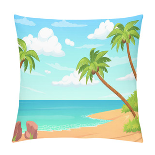 Personality  Summer Tropical Island Concept In Flat Cartoon Design. Sandy Beach With Coconut Palms And Sea Or Ocean Shore View. Summertime Rest On Seaside. Idyllic Seascape Scenery. Vector Illustration Background Pillow Covers