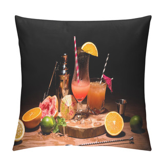 Personality  Tasty Alcohol Cocktails On Wooden Board With Fruits On Table Pillow Covers