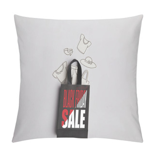 Personality  Top View Of Paper Bag With Black Friday Sale Inscription And Paper Clothes On Grey Background Pillow Covers