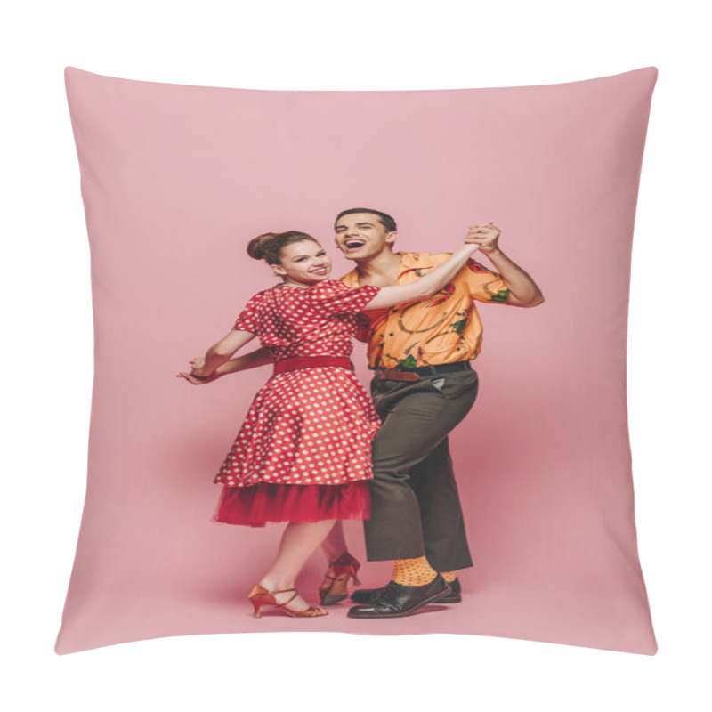Personality  stylish dancers holding hands while dancing boogie-woogie on pink background pillow covers